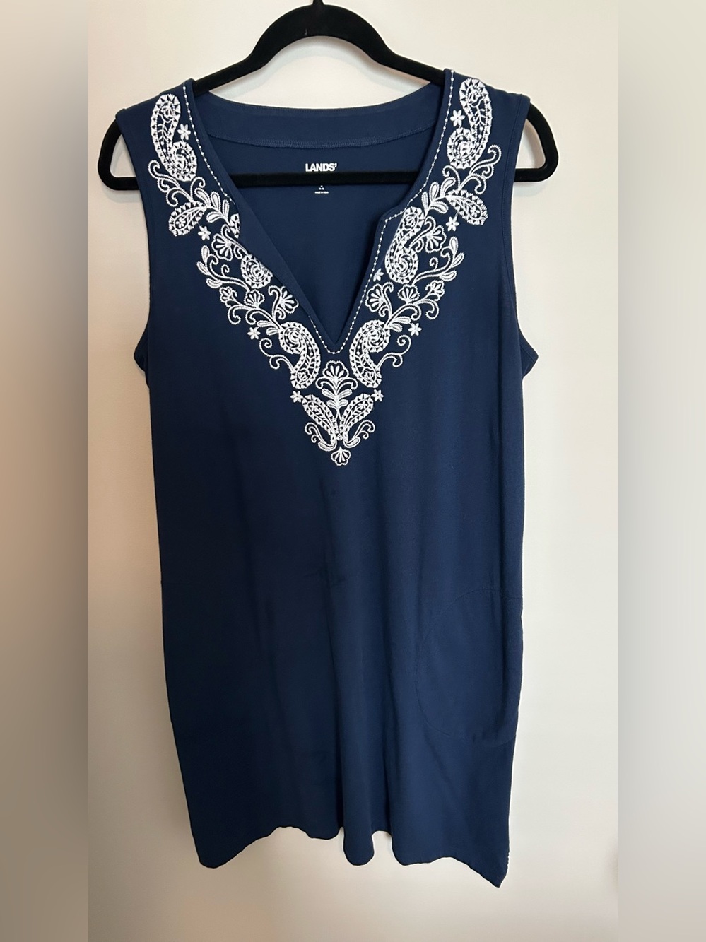 Lands' End Navy Blue Sleeveless Embroidered Cotton Jersey Swim Coverup